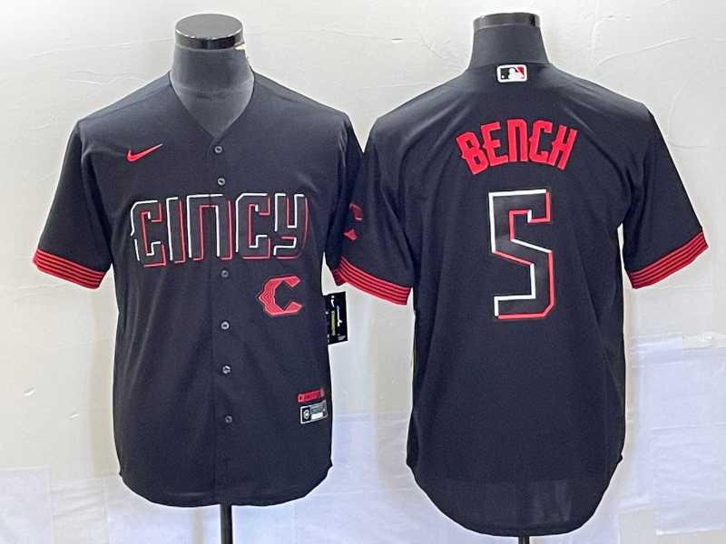 Mens Cincinnati Reds #5 Johnny Bench Black 2023 City Connect Cool Base Stitched Baseball Jersey1